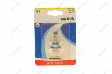 Лампа галогенная H7 12V 55W PX26d RANGE POWER 50 NARVA 483394000
