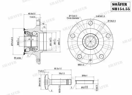 Ступиця ззаду VW, Golf V-VI, 04-, (D=30мм), ABS+, монт. ккт.+ SHAFER SH154.55K