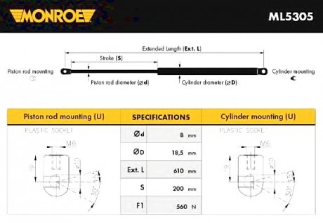 Газова пружина, кришка багажника MONROE ML5305