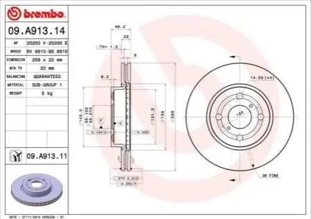 Тормозной диск 09.A913.14 BREMBO 09A91314