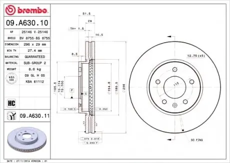 Тормозной диск 09.A630.10 BREMBO 09A63010