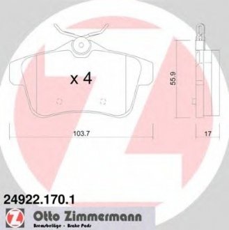 Комплект гальмівних колодок, дискове гальмо ZIMMERMANN 24922.170.1 (фото 1)
