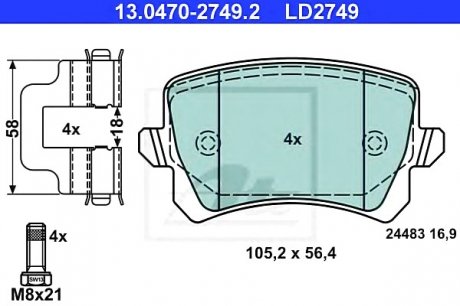 Комплект тормозных колодок, дисковый тормоз ATE 13.0470-2749.2 (фото 1)
