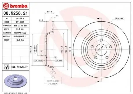 Тормозной диск задний BREMBO 08.N258.21