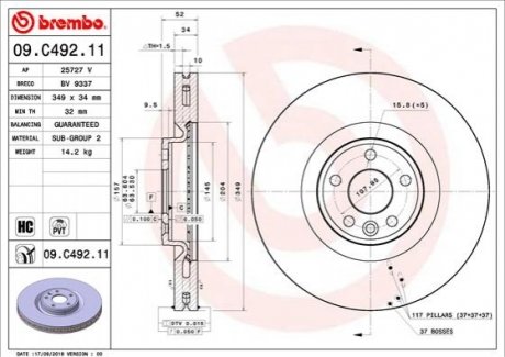 Тормозной диск 09.C492.11 BREMBO 09C49211 (фото 1)
