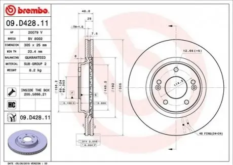 Диск тормозной 09.d428.11 BREMBO 09D42811
