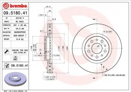 Тормозной диск 09.5180.41 BREMBO 09518041
