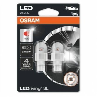 Авто лампа / LED / 2 шт. / W16W / W2.1x9.5d / 12V / 1,4W / червона / OSRAM 921DRP-02B (фото 1)