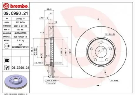 Гальмівний диск 09.C990.21 BREMBO 09C99021 (фото 1)