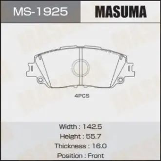 Фото 1 - колодка тормозная передняя Toyota CH-R (19-), Camry (17-), RAV 4 (19-) MASUMA MS1925 Колодка тормозная передняя Toyota CH-R (19-), Camry (17-), RAV 4 (19-) MASUMA MS1925 (фото 1)