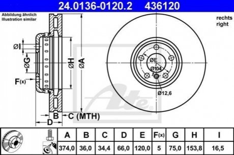 Диск гальмівний (передній) BMW 5 GT (F07)/7 (F01/F02/F03/F04) 4.4-6.0 09-17 (374x36) (R) ATE 24.0136-0120.2 (фото 1)