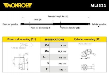 ГАЗОВАЯ ПРУЖИНА, КРЫШКА БАГАЖНИК MONROE ML5523