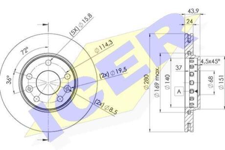 Диск гальмівний (передній) Renault Megane/Laguna/Scenic 08-/Duster 12- (280x24)(з покр.)(вентил.) ICER 78BD4022-2