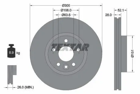 Диск гальмівний передн Лів/Прав (без маточини) VOLVO S60 II, S80 II, V60 I FORD MONDEO III 2.0D/2.4D 10.00-12.14 TEXTAR 92196903