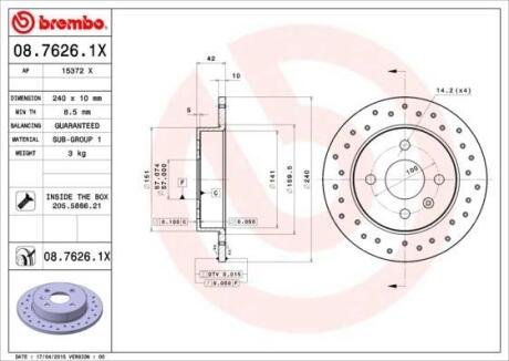Гальмівний диск зад. Astra 94-/Meriva A 03- (240x42mm) BREMBO 08.7626.1X