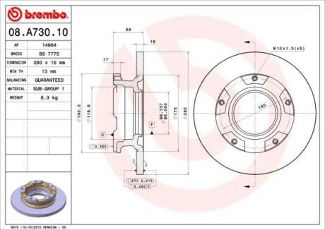 Гальмівний диск зад. Transit 06- (280x69mm) BREMBO 08.A730.10