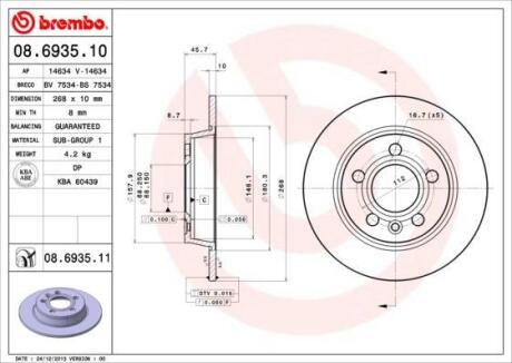 Гальмівний диск зад. Galaxy I/Sharan 95- (268x46mm) BREMBO 08.6935.11