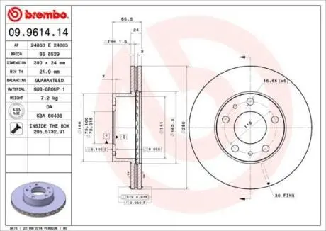 Гальмівний диск пер. Boxer 94- (280x66mm) BREMBO 09.9614.14 (фото 1)