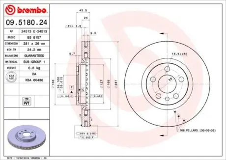 Гальмівний диск пер. Scudo 96- (281x26) BREMBO 09.5180.24 (фото 1)