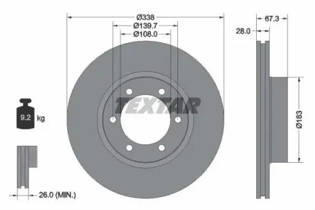 Диск гальмівний передн Лів/Прав (без маточини) LEXUS GX TOYOTA FORTUNER, HILUX VI, HILUX VII, LAND CRUISER 90, LAND CRUISER PRADO 2.4-4.6 08.97- TEXTAR 92137300 (фото 1)