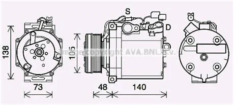AVA MITSUBISHI Компресор кондиціонера GRANDIS 2.0 DI-D 05-, LANCER VIII 1.8, 2.0 07-OUTLANDER II 2.0 DI-D 07-, 2.4 06-, CITROEN, PEUGEOT AVA AVA COOLING MTAK263