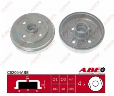 Гальмівний барабан задн TOYOTA PASEO, STARLET, TERCEL 1.0-1.5D 12.89-09.99 ABE C62054ABE