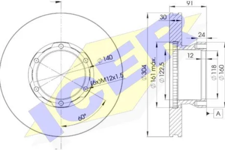 Диск гальмівний (передній) MB 609/Vario 512 16" (304х30) (вентильований) ICER 78BD4240-1 (фото 1)