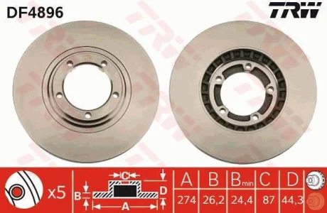 Диск гальмівний передн Лів/Прав (лакірован високовуглецева) HYUNDAI H-1, H-1 / STAREX, H-1 CARGO, H-1 TRAVEL, H100 2.4/2.5D 03.01- TRW DF4896