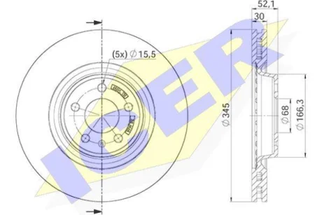 Диск гальмівний (передній) Audi A4 07-/Q5 08-/Porsche Macan 14- (345х30) (з покриттям) (вент.) ICER 78BD4150-2