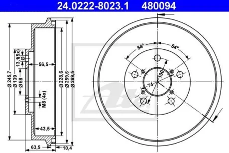 Гальмівний барабан задн SUBARU IMPREZA, LEGACY II 1.5-2.2 08.92-06.09 ATE 24.0222-8023.1