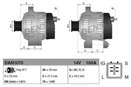 Генератор (14В, 100А, новий із заставою) TOYOTA DYNA, HIACE / COMMUTER V, HIACE V, LAND CRUISER, LAND CRUISER PRADO 2.5D/3.0D 09.02- DENSO DAN1070