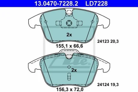 Керамічні гальмівні колодки передн, VOLVO S60 II, S80 II, V60 I, V70 III, XC70 II FORD GALAXY II, GALAXY MK II, MONDEO IV, S-MAX JAGUAR S-TYPE II, XF I, XF SPORTBRAKE 1.5-4.4 01.99-12.19 ATE 13.0470-7228.2