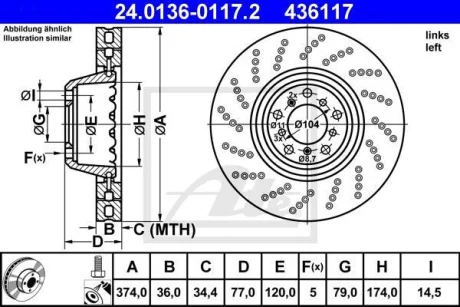 Двочастинний гальмівний диск передн лів BMW 5 (E60), 5 (E61), 6 (E63), 6 (E64) 5.0 09.04-12.10 ATE 24.0136-0117.2