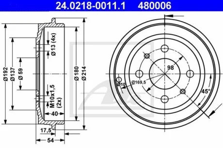 Гальмівний барабан задн FIAT 500, 500 C, BRAVA, BRAVO I, PANDA, PUNTO, TEMPRA, TIPO FORD KA LANCIA DEDRA, DELTA II, Y 0.9-1.9D 07.87- ATE 24.0218-0011.1