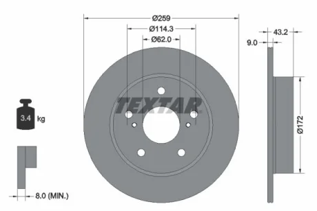 Диск гальмівний задн лів/прав SUZUKI SWIFT IV 1.2/1.4/1.6 10.10-04.17 TEXTAR 92308303