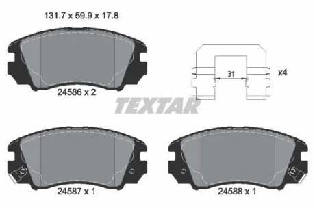 Комплект гальмівних колодок передн, HYUNDAI SONATA V KIA MAGENTIS II 2.0-2.7 01.05-12.10 TEXTAR 2458601