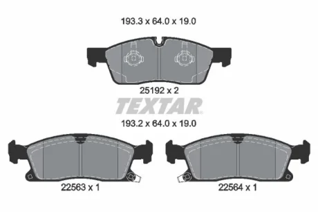 Комплект гальмівних колодок передн, JEEP GRAND CHEROKEE, GRAND CHEROKEE IV 3.0-6.4 11.10- TEXTAR 2519209