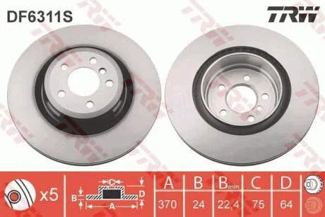 Диск гальмівний задн лів/прав BMW 5 GRAN TURISMO (F07), 7 (F01, F02, F03, F04) 3.0D-6.0 09.08-02.17 TRW DF6311S